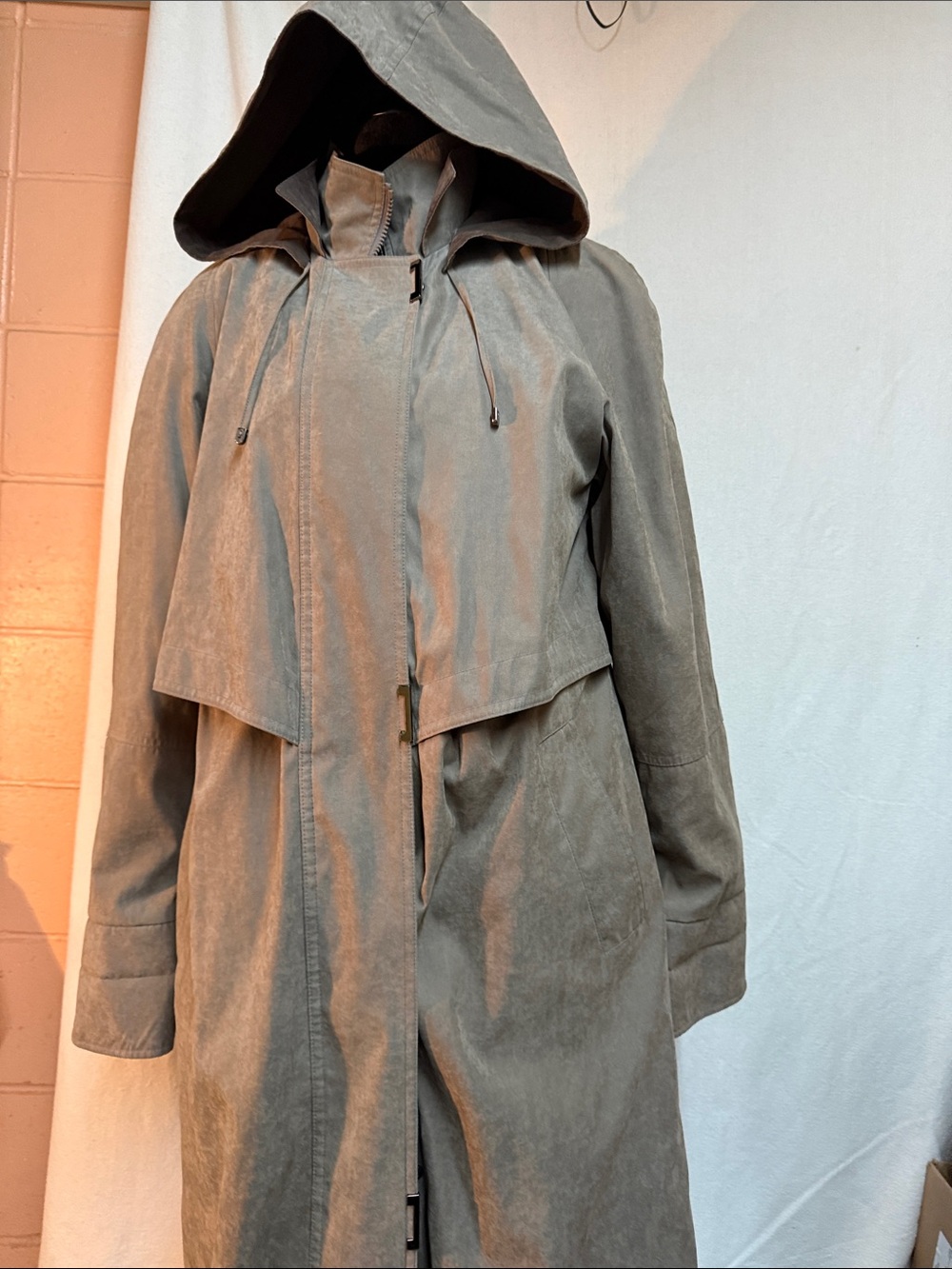 Fabulous Worthington Hooded Trench Coat - Taupe Green/Gray/brown